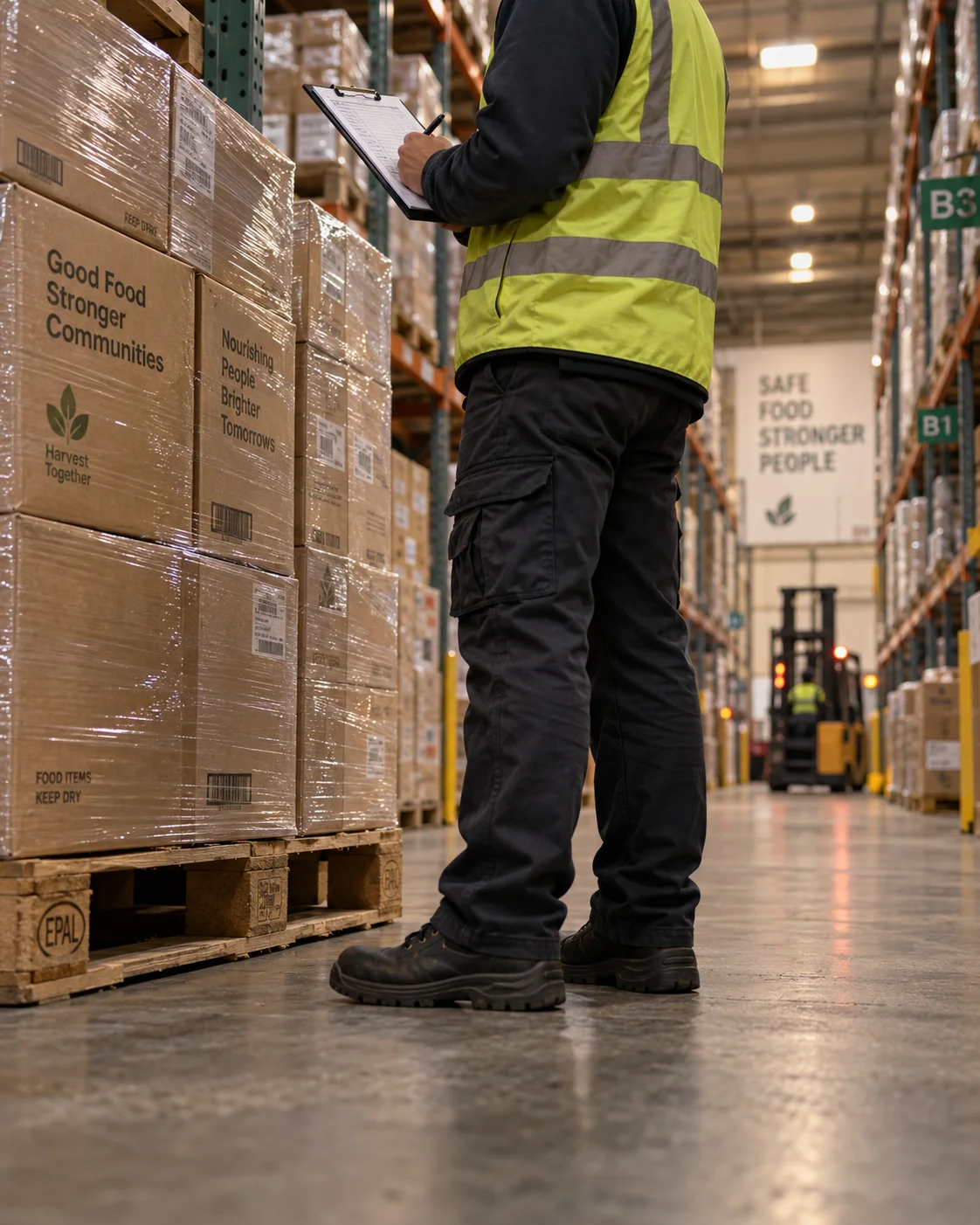 Warehouse worker organizing pallets of packaged food products