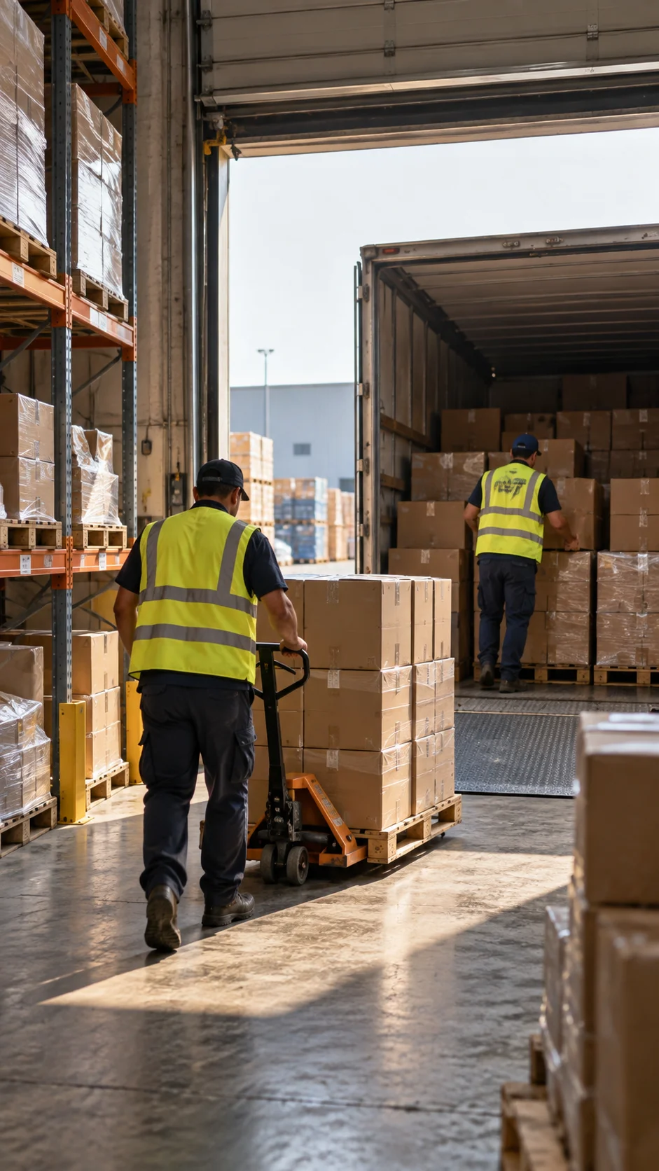 Warehouse staff loading food product cartons onto a delivery truck
