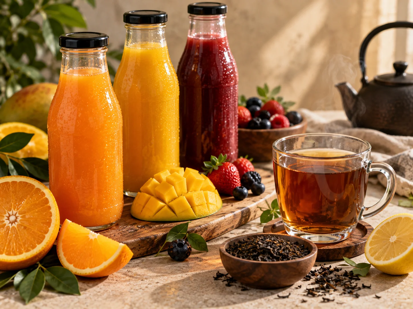 Bottled juices and glasses of tea
