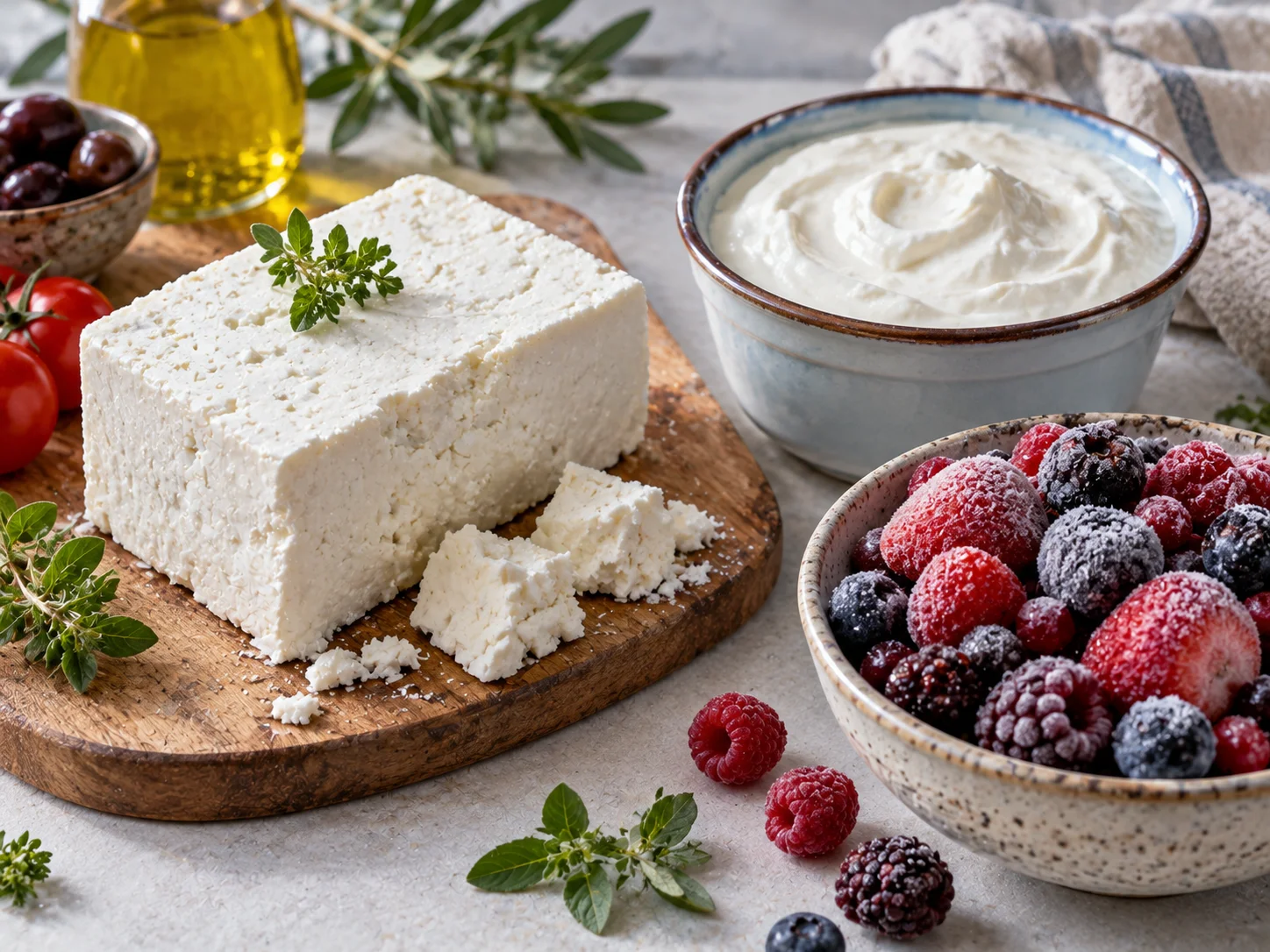 Blocks of white cheese and containers of yogurt