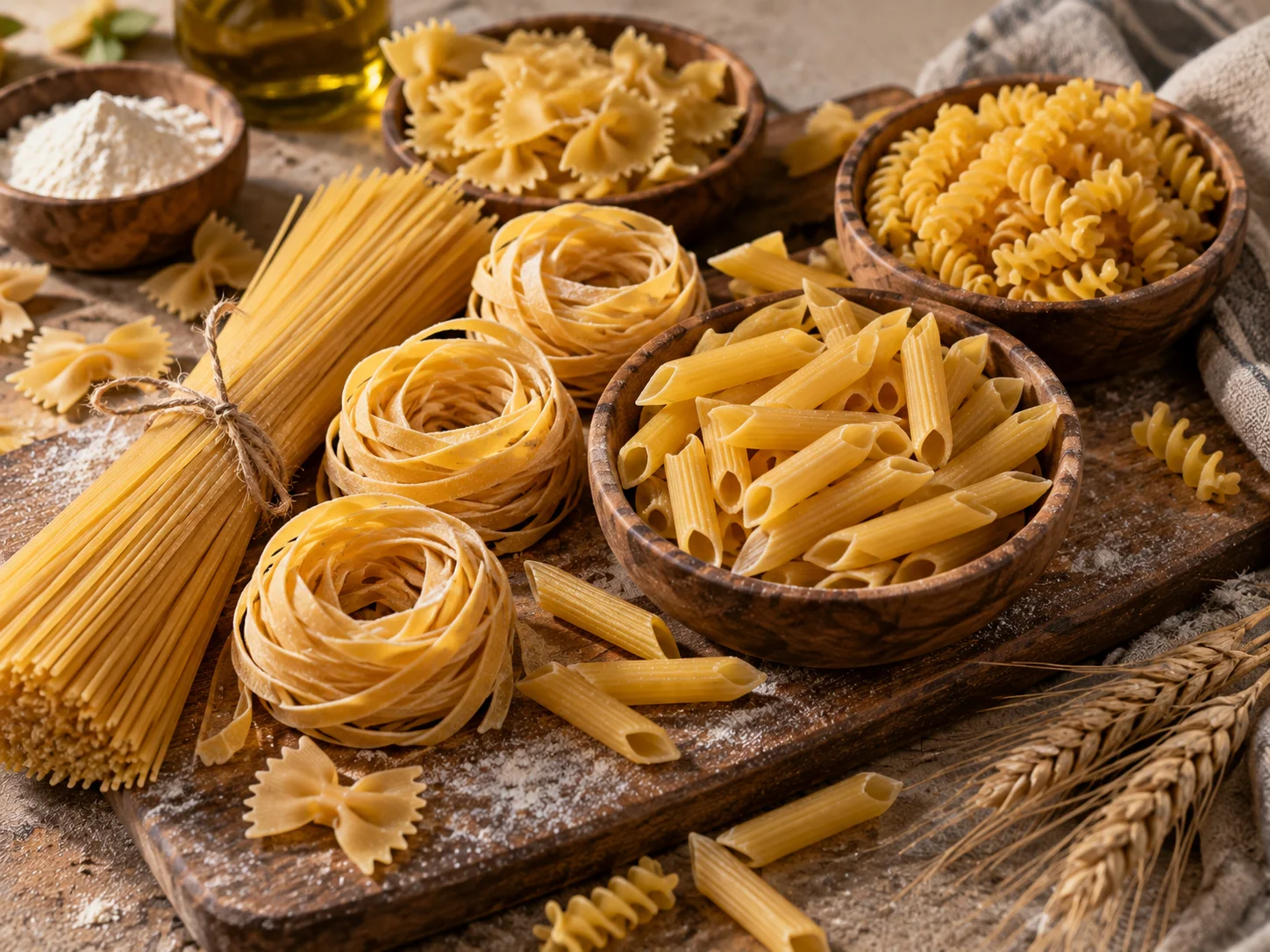 Assorted dry pasta shapes on a wooden board