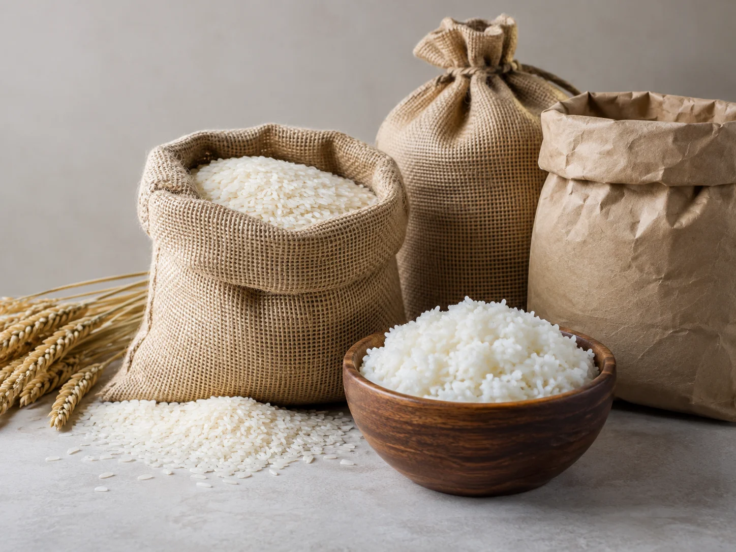 Bags and bowls of long grain rice