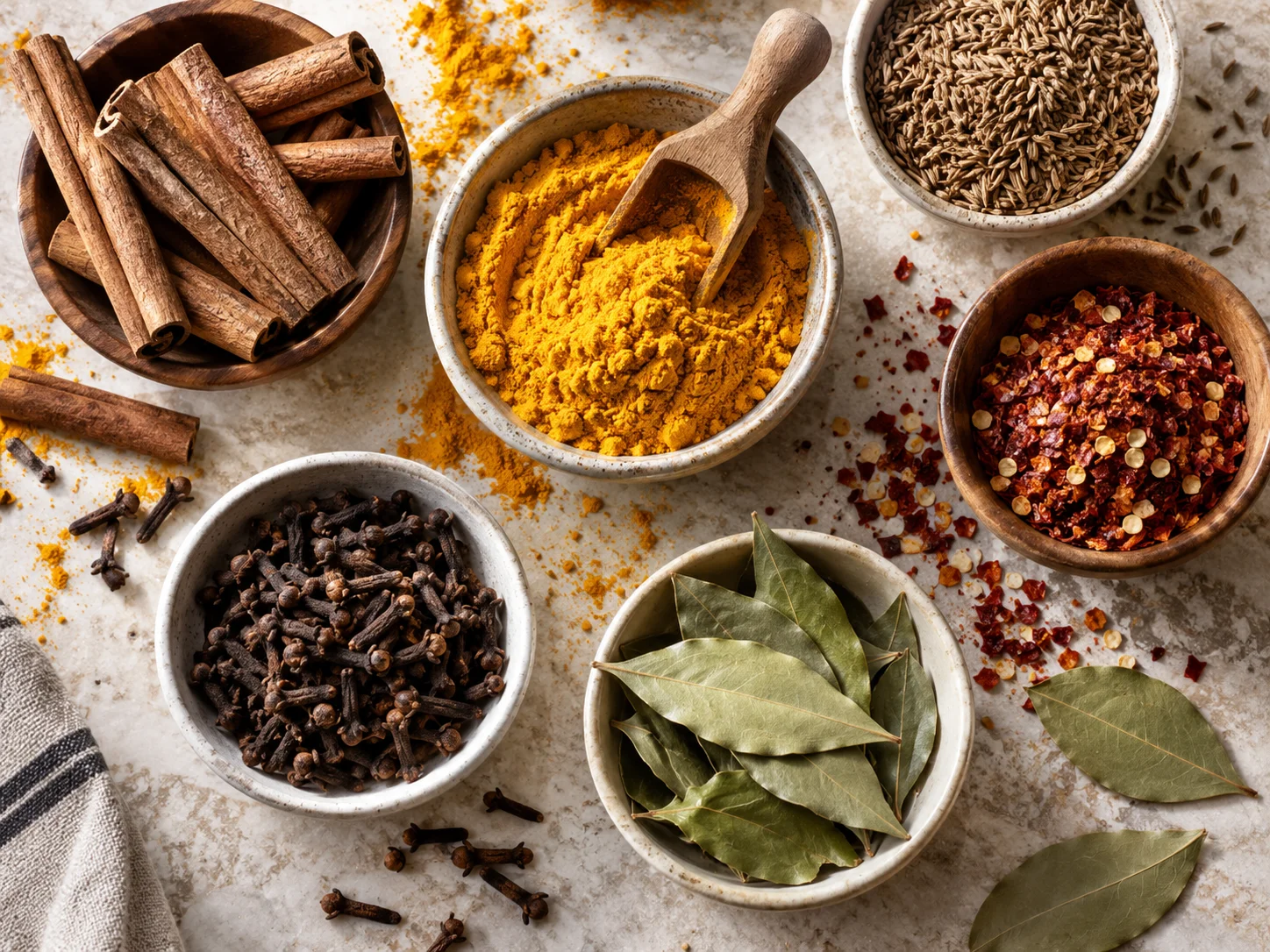 Assorted whole and ground spices in wooden bowls