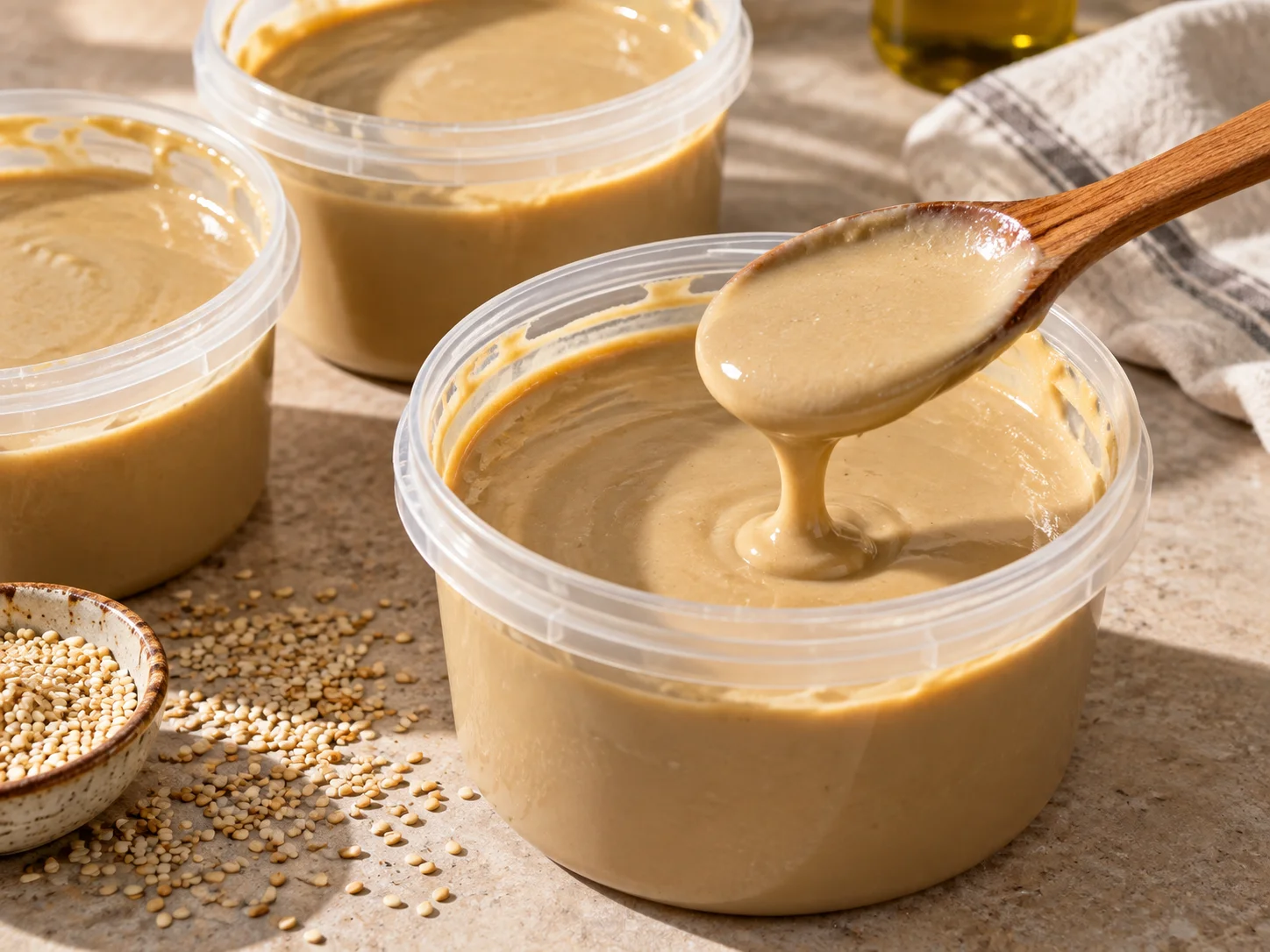 Buckets of tahini sesame paste with a wooden spoon