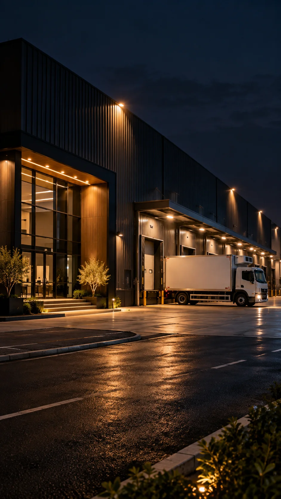 Food distribution facility exterior lit at dusk with delivery trucks parked outside